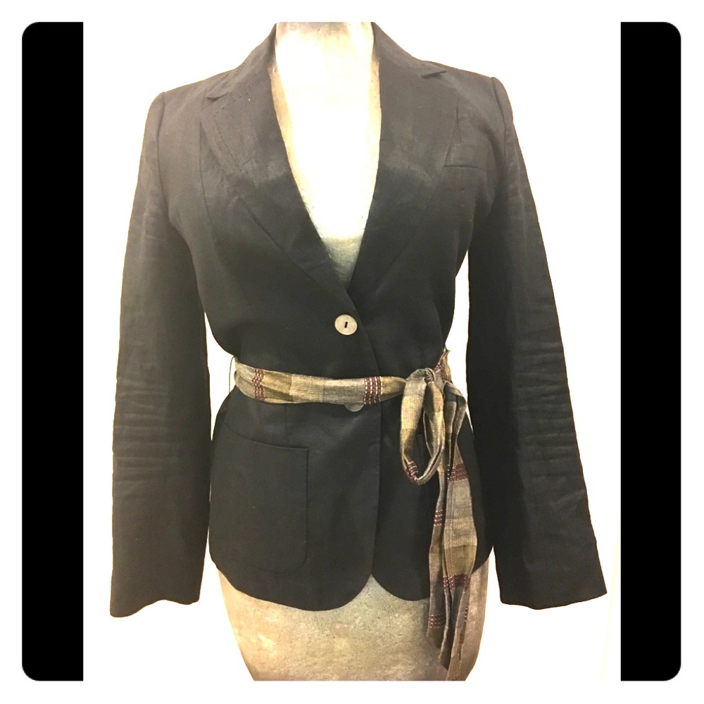 H &M black linen blazer with multi color sash tie - Picture 1 of 7